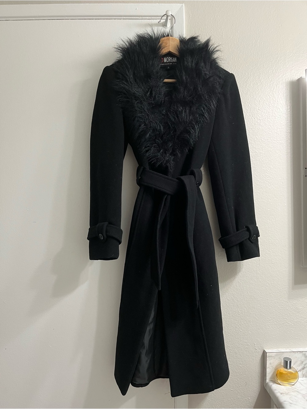 Morgan de Toi Black Faux-Fur Collar Long Belted Trench Coat